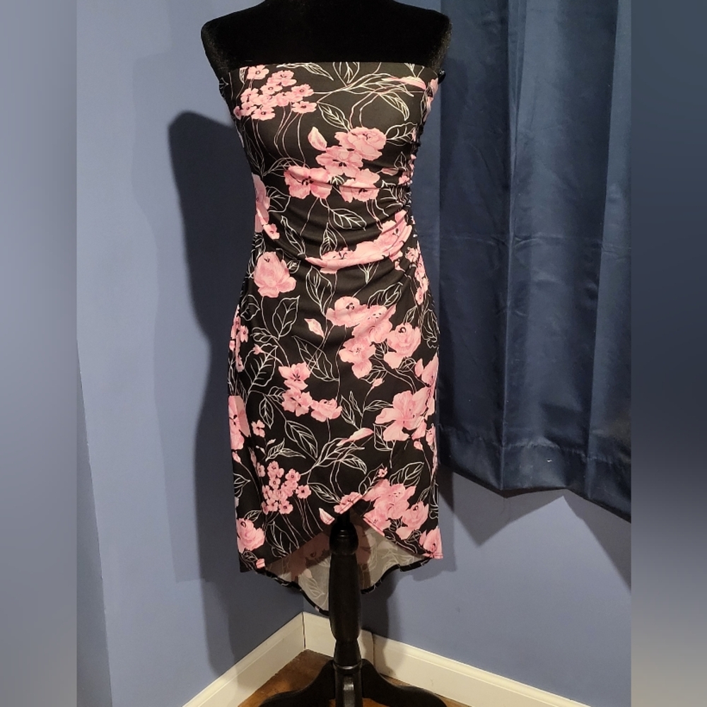 Othr Strapless Dress with Black and Pink Floral Design